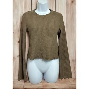 H&M Mama Maternity Top Sz S Brown Crinkle Stretch Crop Blouse Bell Long Sleeve